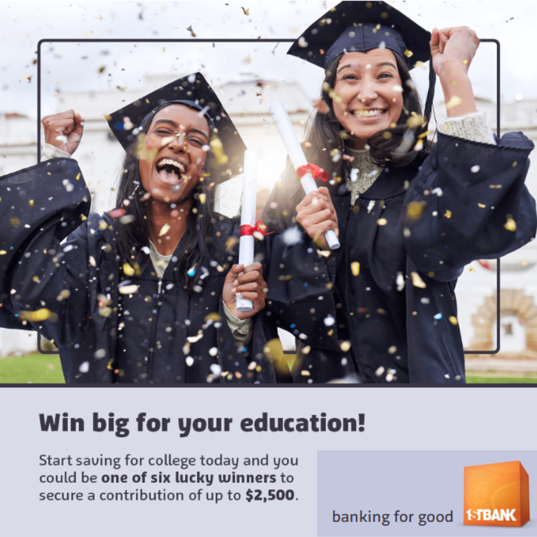 Bank advertisement with two people graduating to save for education.