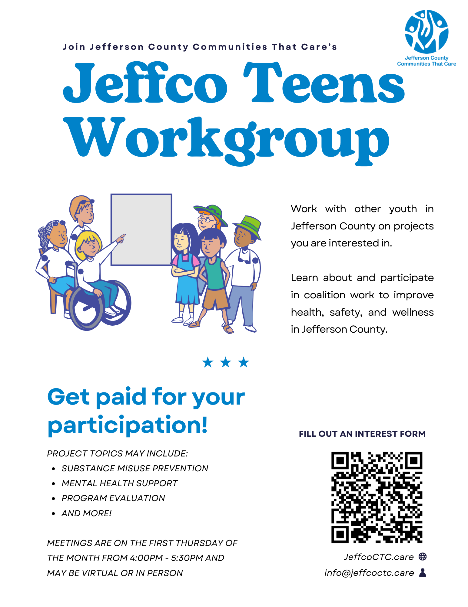 The new Jeffco Teens Workgroup is getting ready to start in May! This all-youth workgroup is a chance for youth in Jefferson County to work with other youth on projects they are interested in. This includes learning about and participating in coalition work to improve health, safety, and wellness in Jefferson County. Plus, youth who participate get paid!