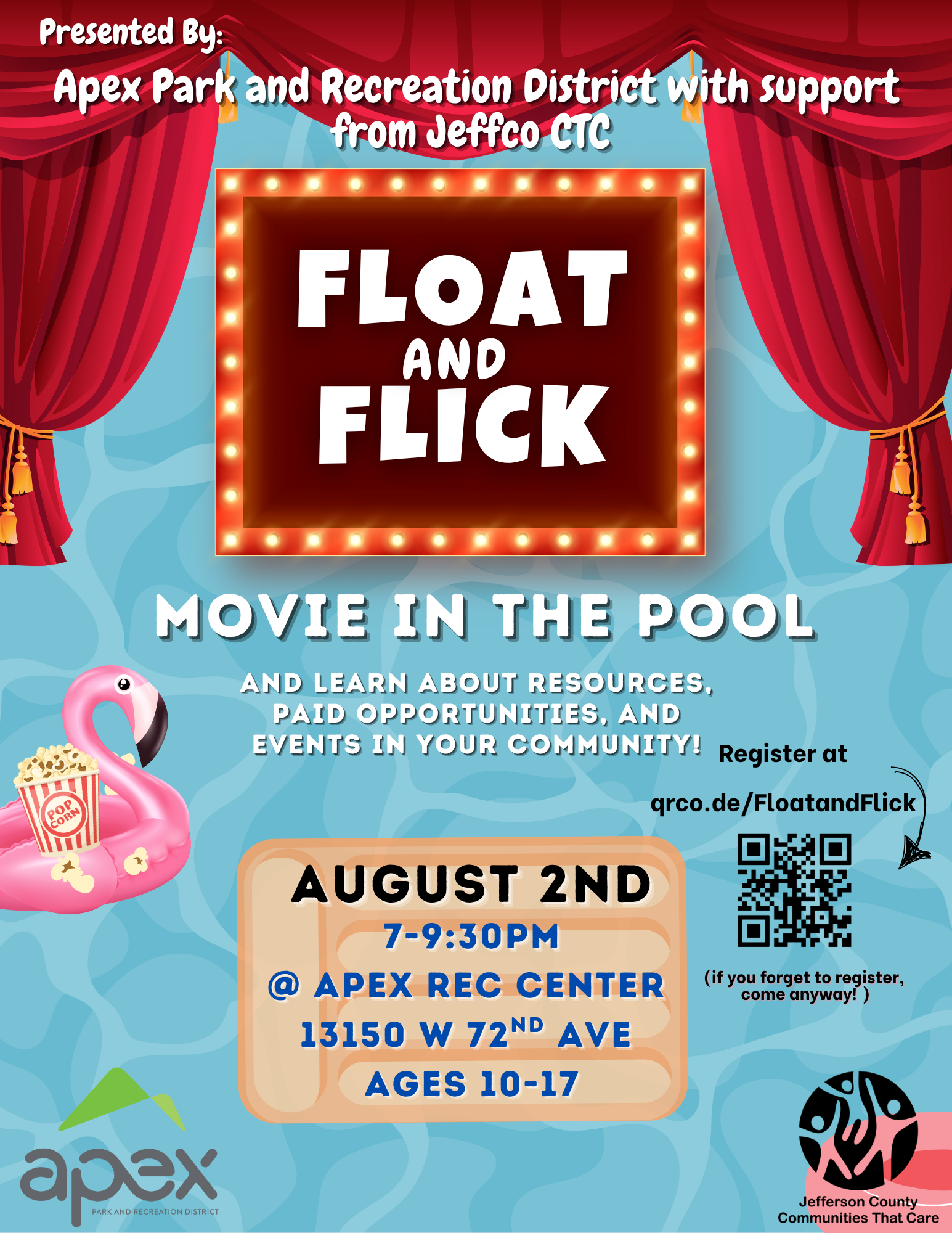 Make a splash at the Teen Float-in Movie Night. Hosted by the Apex Youth Advisory Board, this event isn't just about the pool. It's about plugging into what's happening in Jefferson County and your neighborhood. Join us for a fun evening for youth to float and connect. Lilo and Stitch will be shown on the pool deck. Snacks and beverages will be provided. Meet local organizations, discover youth opportunities, and learn how you can get involved and make a difference in your community. Whether you're looking to volunteer, join a program, or want to know what's up around town, this night is for you.