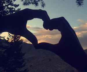Heart made with hands and a forest background.
