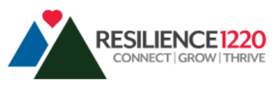 Logo for Resilience1220 with two mountains with a heart in between that says "Resilience1220 connect grow thrive"