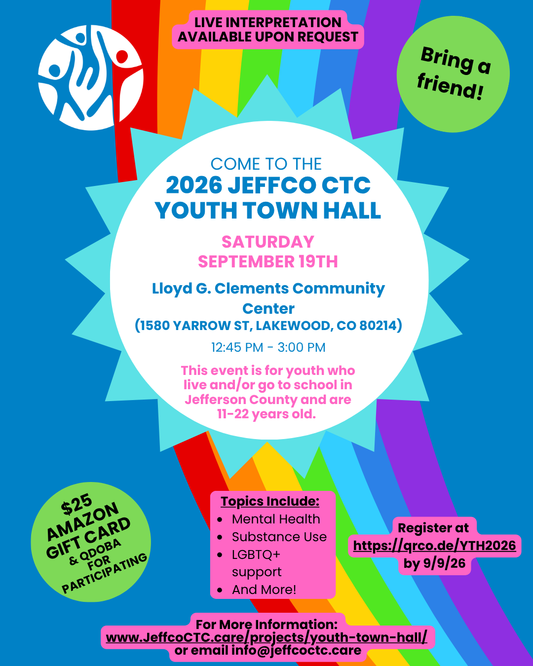 Colorful rainbow flyer for the Youth Town Hall. Text on the flyer is also on this page.