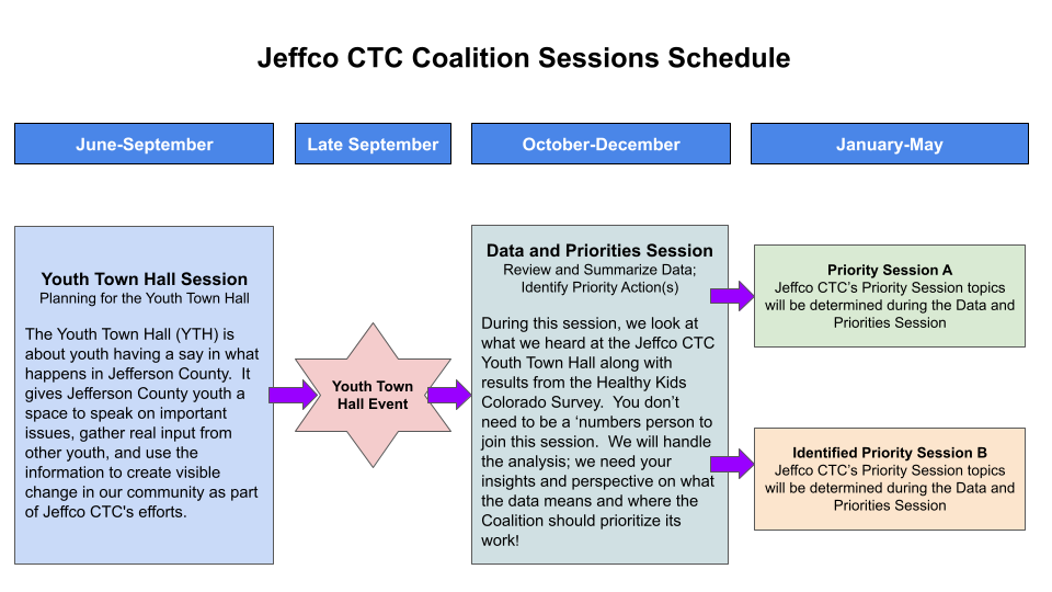 Graphic explaining the flow of coalition sessions. June through September is the Youth Town Hall Session and the Youth Town Hall Event is held late September. October through December is the Data and Priorities Session that leads to priority session(s) in January through May.