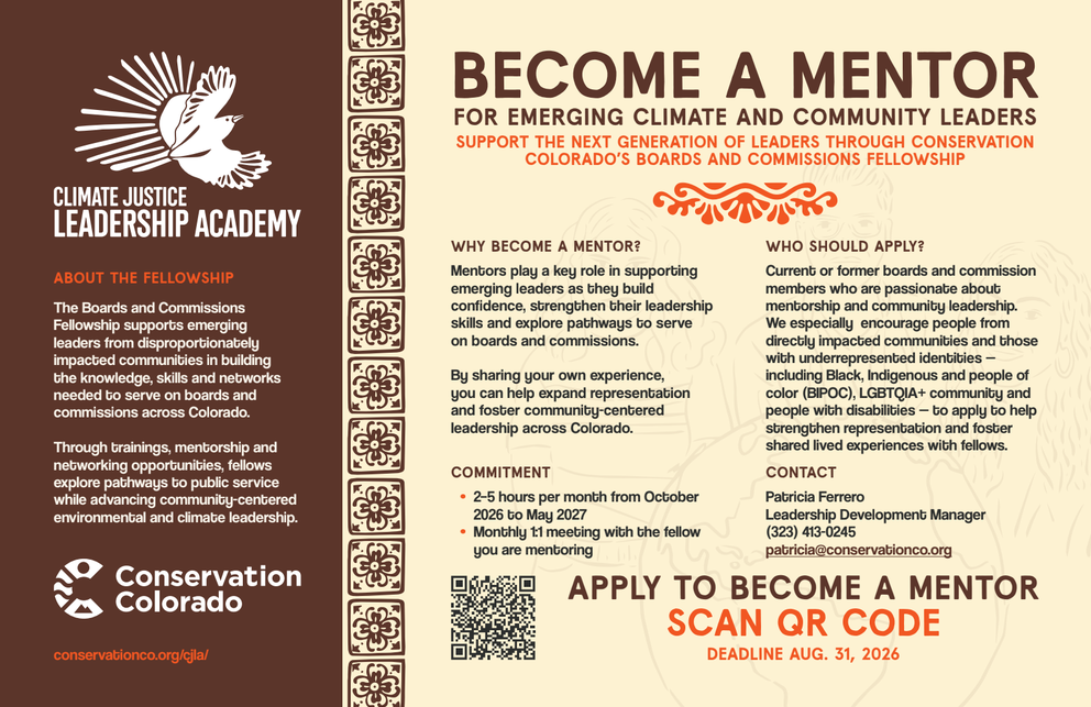 Flier for Conservation Colorado's Board and Commissions Fellowship program Mentorship.