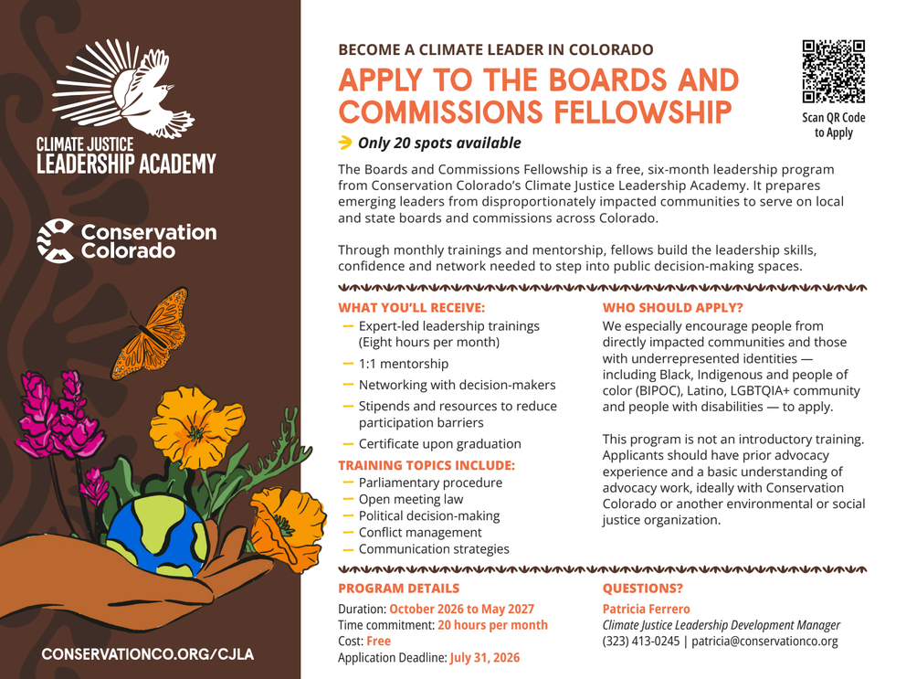 Flier for Conservation Colorado's Climate Justice Leadership Academy.