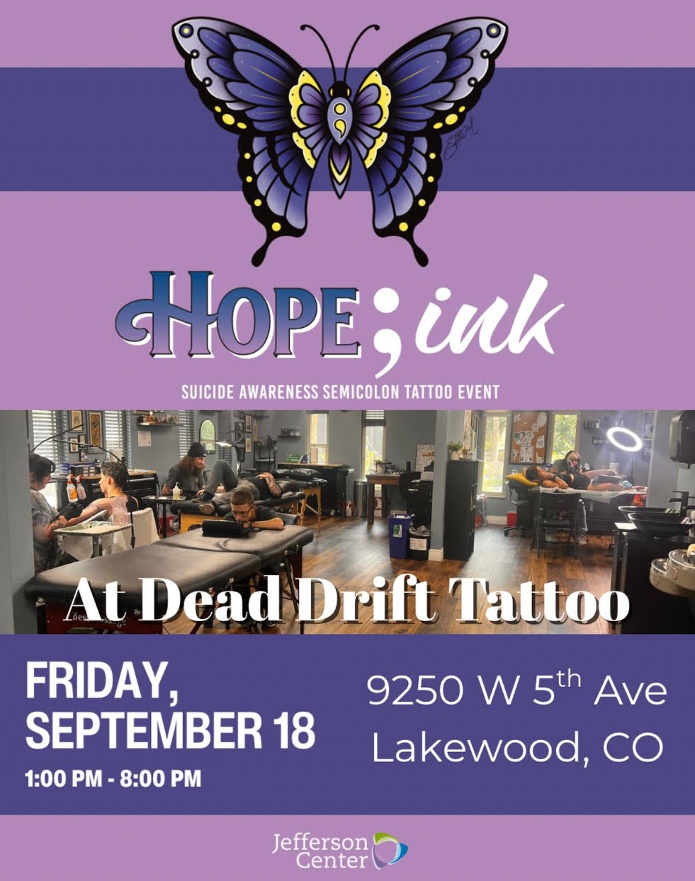 Flyer for Hope;ink tattoo event with Dead Drift Tattoo benefiting Jefferson Center
