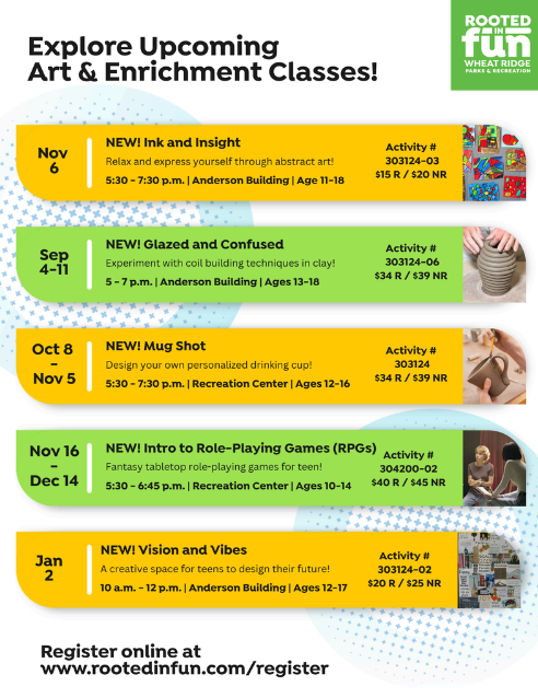 Flyer for Wheat Ridge Parks and Recreation art and enrichment classes for youth.